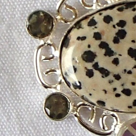 Dalmation Jasper Rainbow Topaz Green Amethyst .925 Scrollwork Pendant Only - Picture 4 of 10